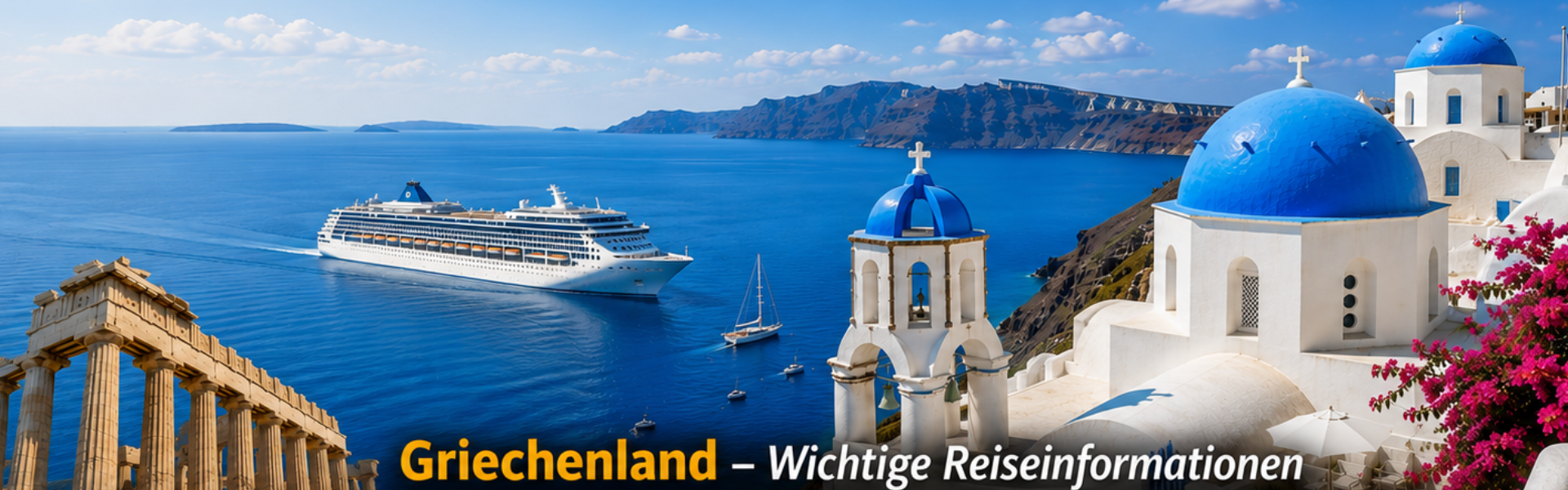 Griechenland – Wichtige Reiseinformationen mit Blick auf Santorini, einer Kreuzfahrt in der Ägäis und der Akropolis in Athen.
