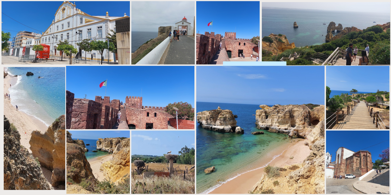 Collage mit Highlights der Algarve: Steilküsten bei Lagos, Strände, die rote Burgruine von Silves, das Cabo de São Vicente und Storchennester
