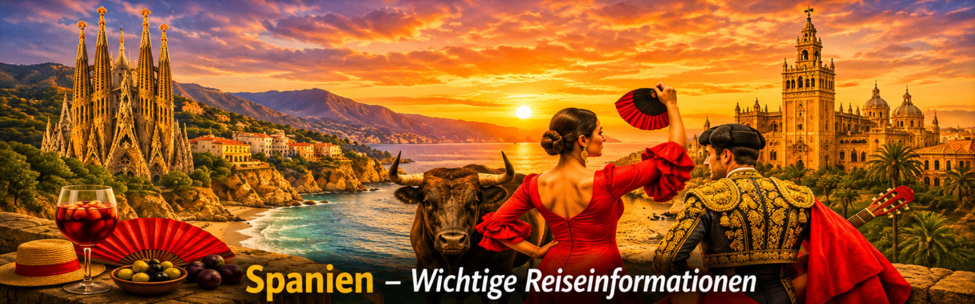 Spanien-Collage mit spanischer Architektur, Flamencotänzerin, Matador und Stier vor einer mediterranen Landschaft bei Sonnenuntergang