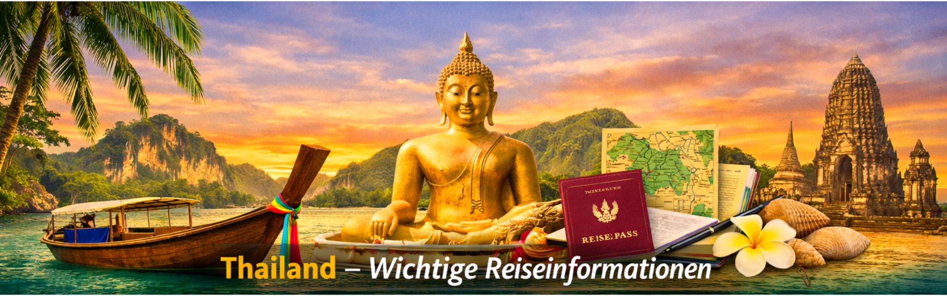 Goldene Buddha-Statue und Longtail-Boot in Thailand für Reiseinformationen
