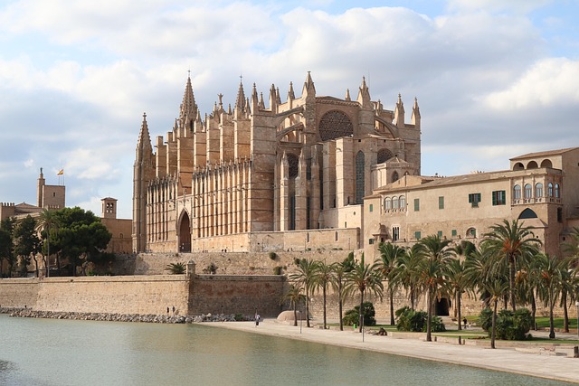 Kathedrale La Seu in Palma de Mallorca mit Palmen und Blick auf das Wasser