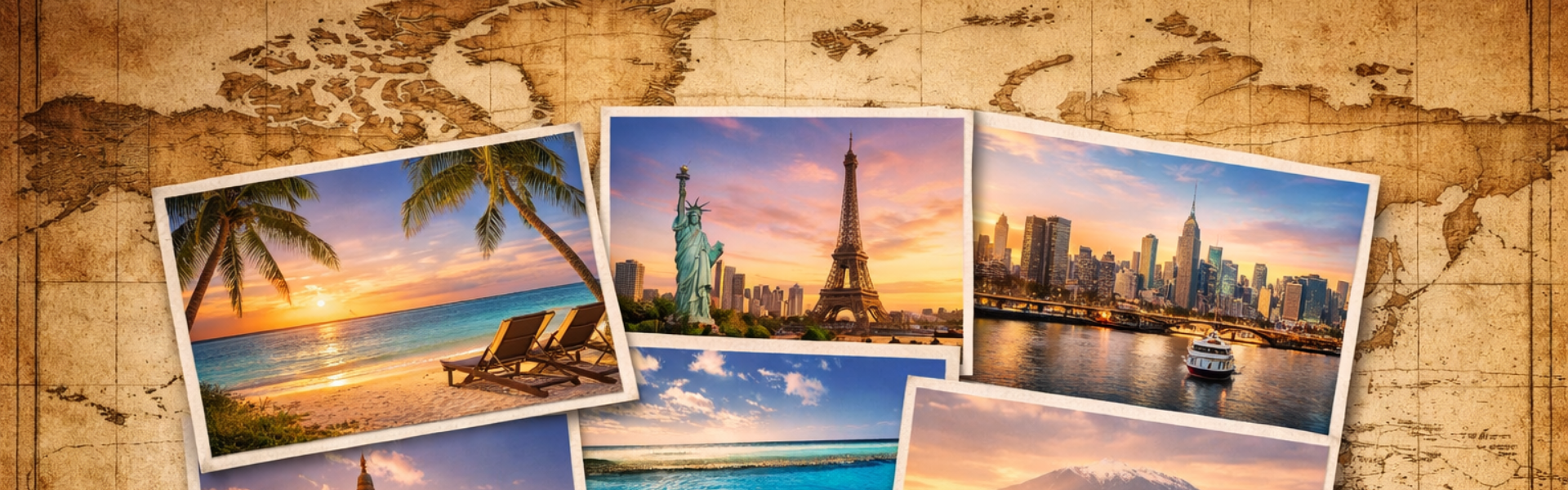 Weltkarte im Vintage-Stil mit Fotocollage internationaler Reiseziele