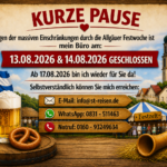 S.T. REISEN – Büroschließung wegen der Allgäuer Festwoche am 13. und 14. August 2026. S.T. REISEN – Büroschließung wegen der Allgäuer Festwoche am 13. und 14. August 2026.