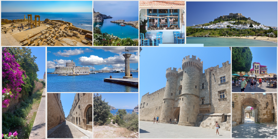 Collage mit Sehenswürdigkeiten, Stränden und Eindrücken von Rhodos