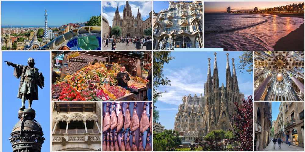 Collage mit den schönsten Sehenswürdigkeiten Barcelonas: Blick über die Stadt vom Park Güell, die gotische Kathedrale, die Sagrada Família von außen und innen, der Strand bei Sonnenuntergang, der Markt La Boqueria mit frischem Obst und Jamón Ibérico, die Casa Batlló, der Kolumbus‑Turm und typische Altstadtgassen – ein lebendiger Eindruck der Stadt voller Kultur, Genuss und mediterraner Atmosphäre.